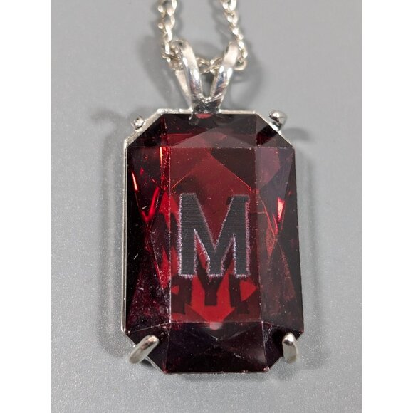 Red Rhinestone Initial Letter M Rectangle Solitaire Pendant necklace Silver Tone - Picture 1 of 8